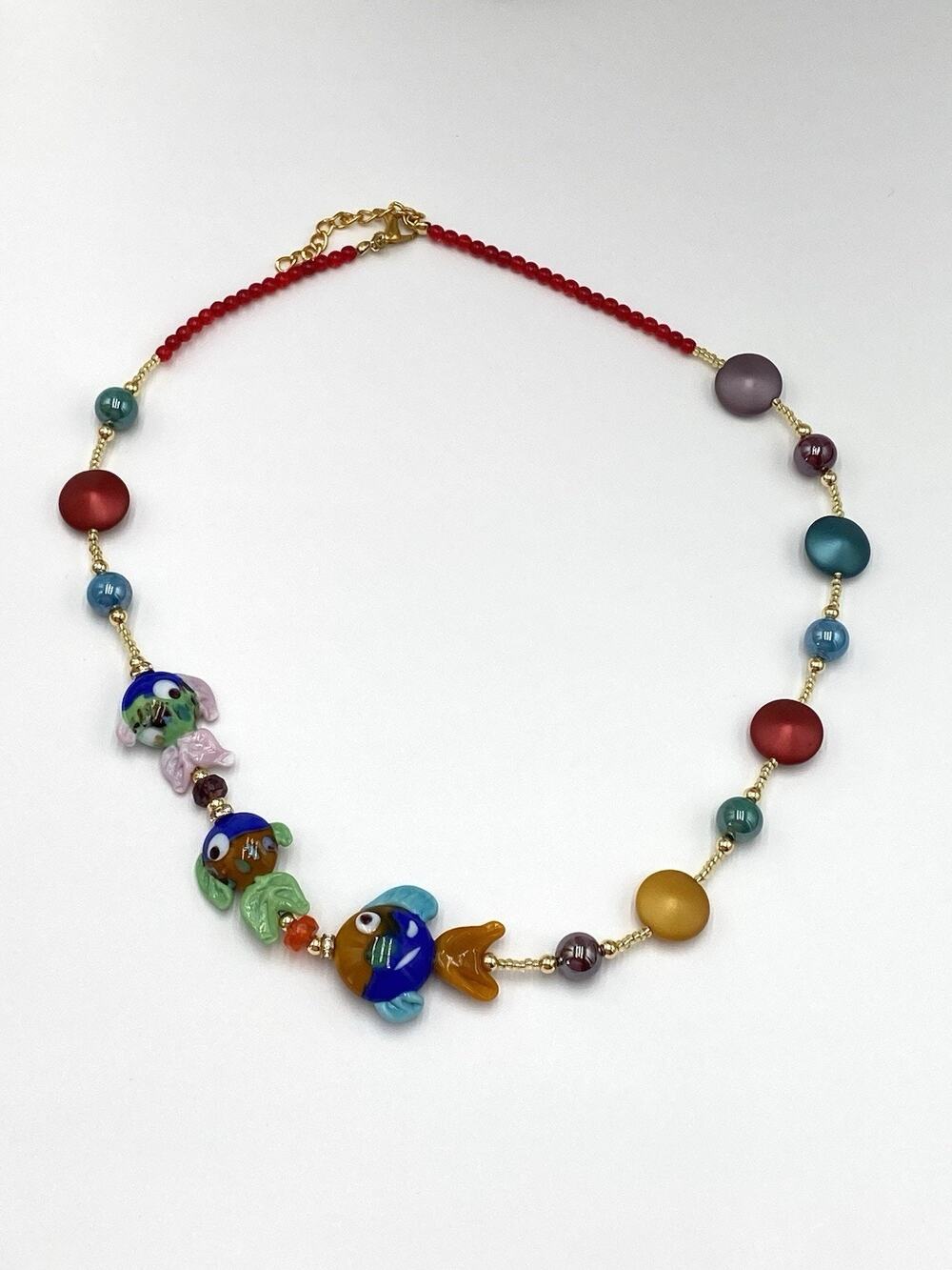 Necklace Three Glass Fishes Beads Colorful Beads 21”+2”